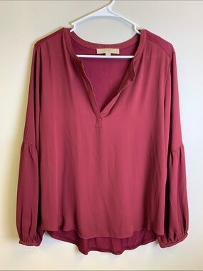 LOFT Wine Split-Neck Long Sleeve Blouse